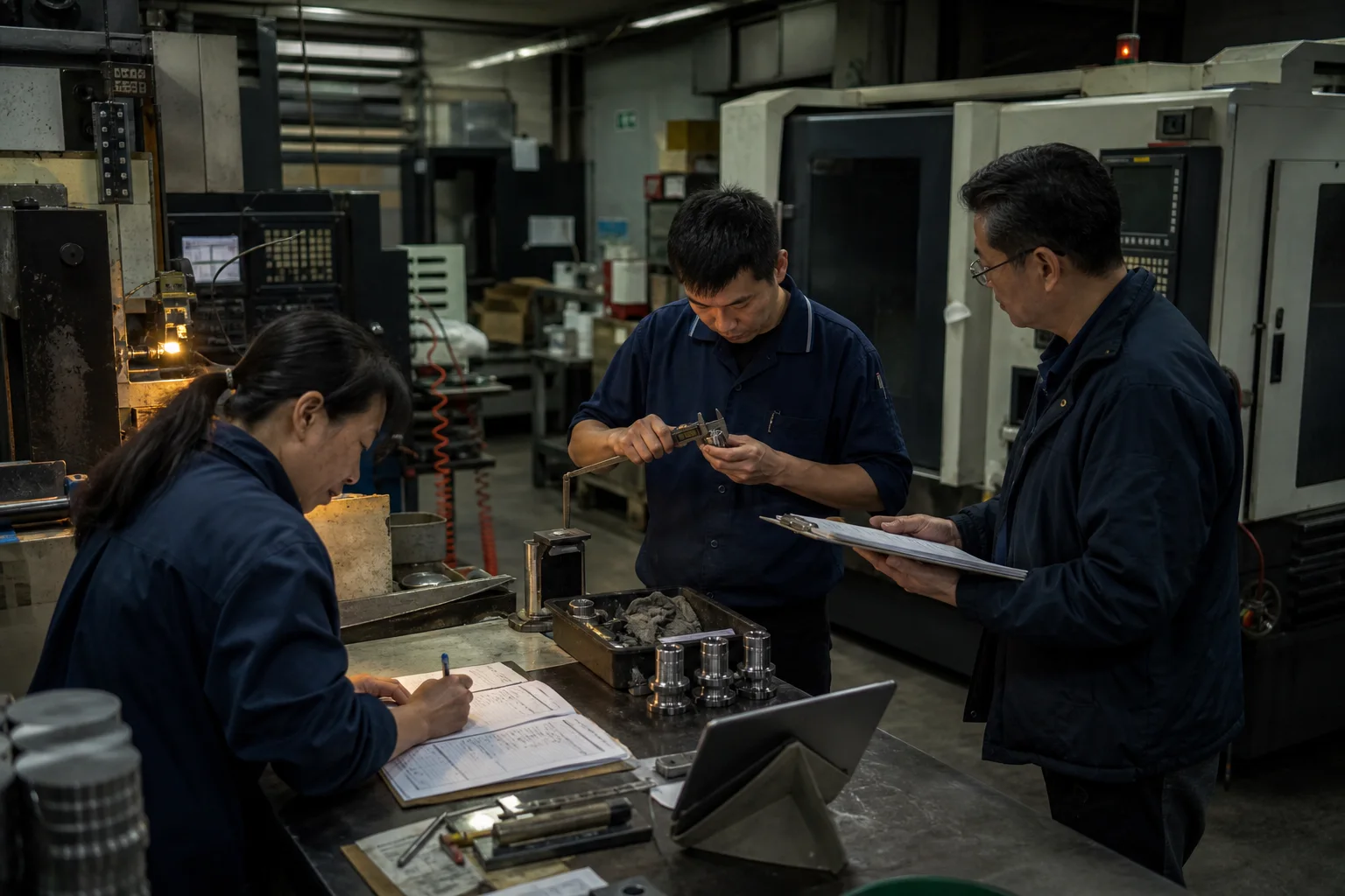 Factory operators recording measurements and resolving a quality issue with paper forms, calipers and a disconnected tablet