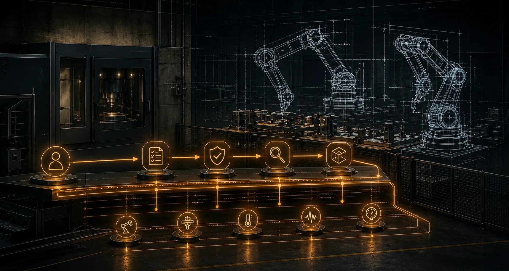 A governed amber operating workflow in front of future robotic arms shown only as technical blueprint outlines